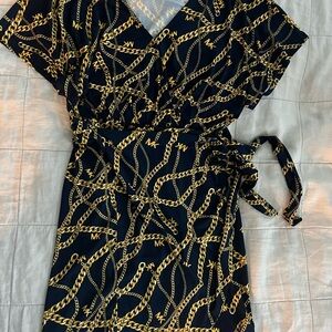 Sz 12 Michael Kors Navy and Gold Chain Pattern Wraparound Dress